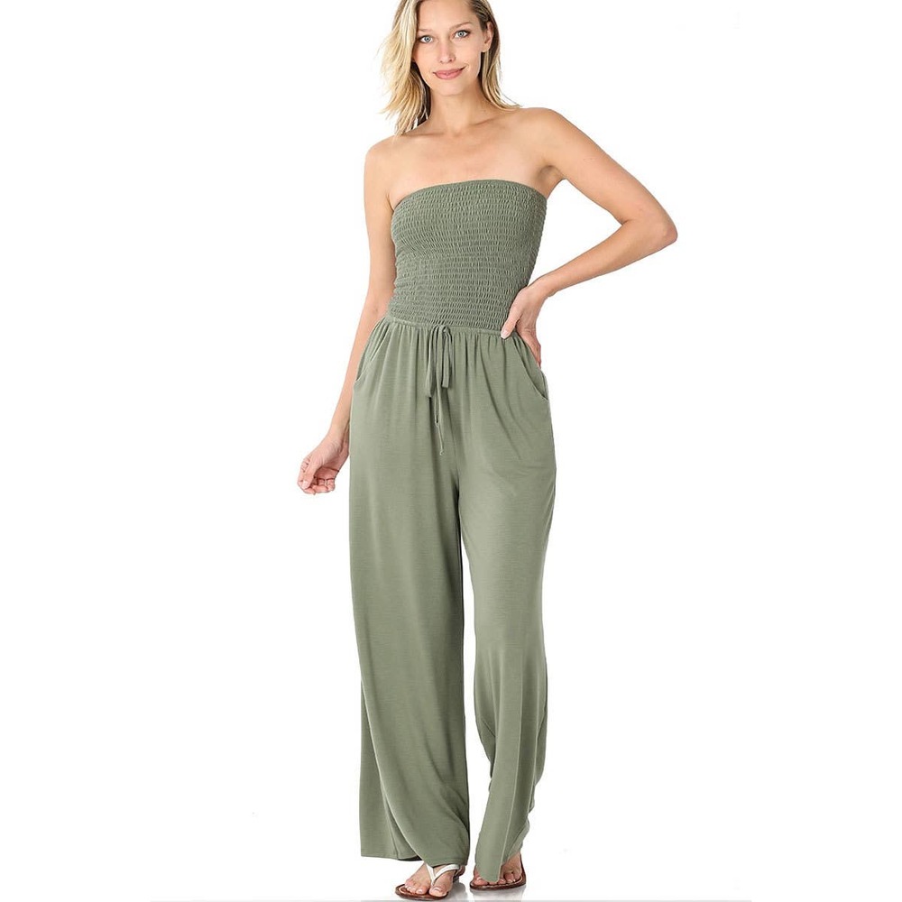 ZENANA WOMEN'S SMOCKED TUBE TOP JUMPSUIT LIGHT OLIVE SIZE LARGE NEW